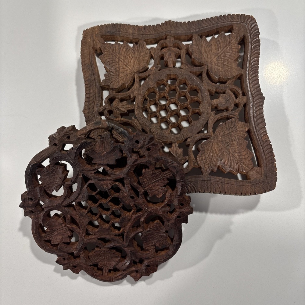 Lot Of 2 Wooden Footed Trivets